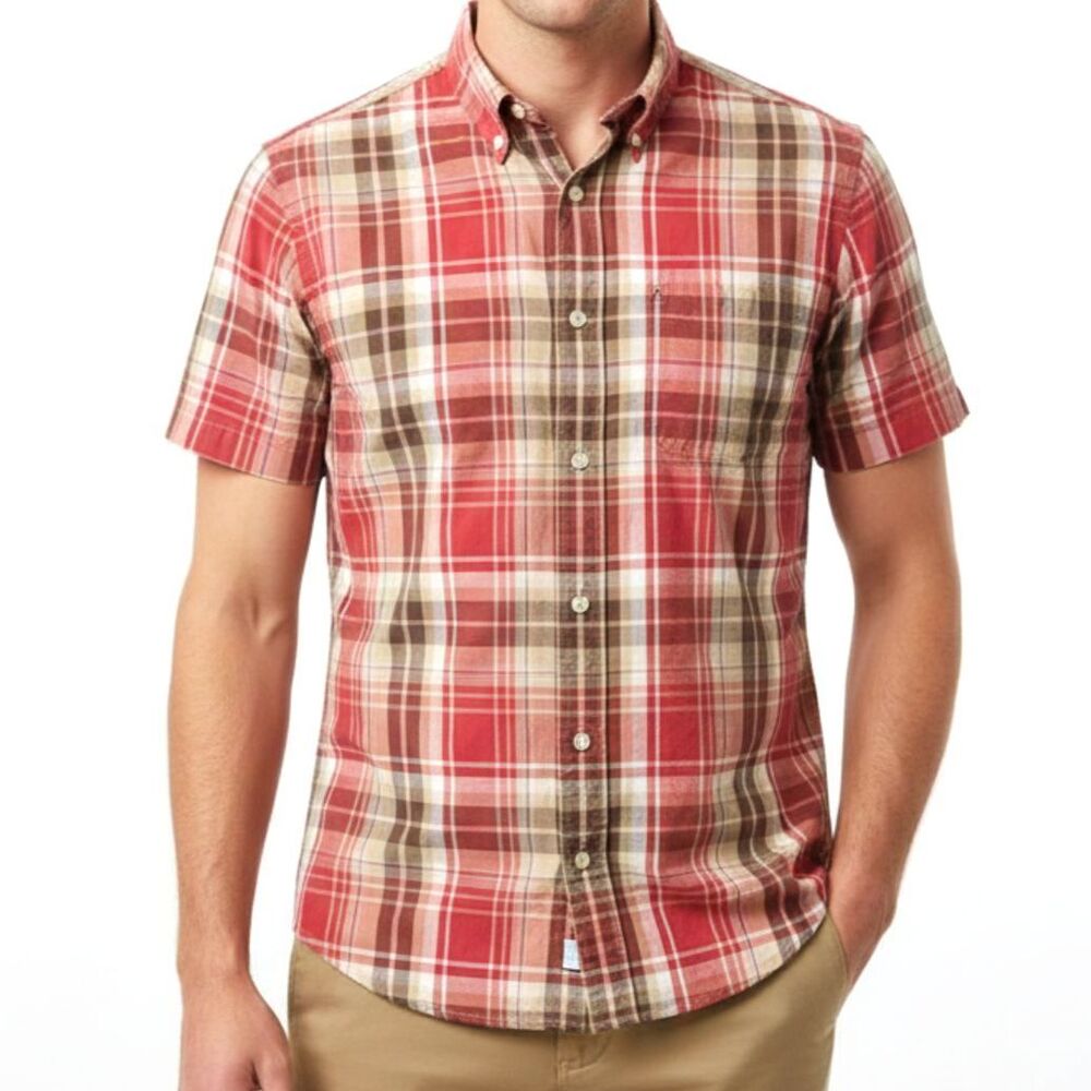 Abercrombie Fitch Mens Large Red‎ Brown Plaid Button Down Shirt Muscle Fit Y2K